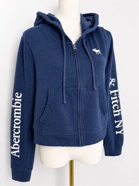 Abercrombie & Fitch Zip Hoodie Size Large Blue Y2K Cropped Sweatshirt